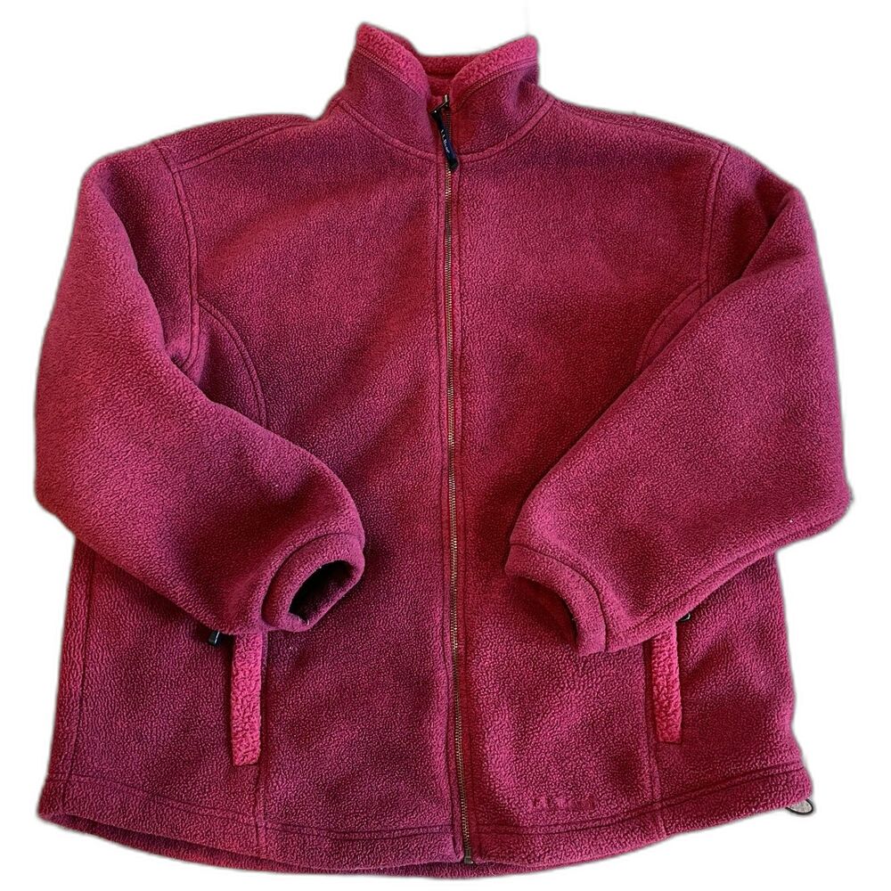 L.L. Bean Red Burgundy Fleece Full Zip Jacket Outdoors Camping Cozy Winter